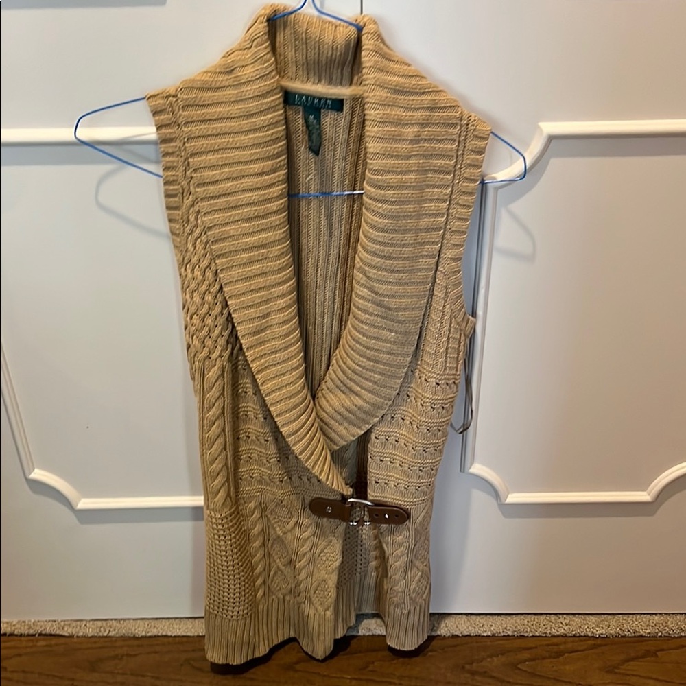 Ralph Lauren Tan Cable Knit Sleeveless Cardigan Vest